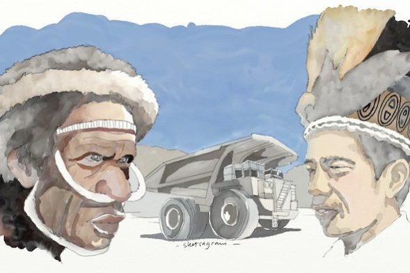 Pemerintahan Jokowi tampak lebih mengurusi bisnis Freeport dibanding menegakkan HAM di Papua. Ilustrasi oleh Sketsagram