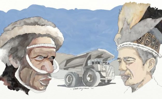 Pemerintahan Jokowi tampak lebih mengurusi bisnis Freeport dibanding menegakkan HAM di Papua. Ilustrasi oleh Sketsagram